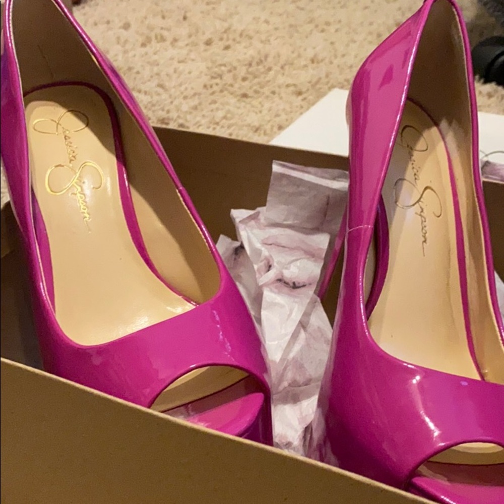 Twilight Magenta patent leather peep toe heels